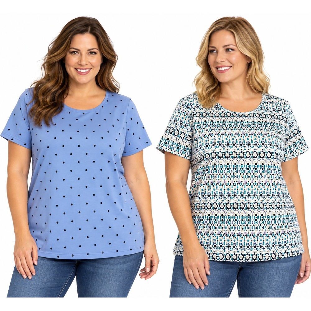 Lot of 2 Croft & Barrow Classic Tee 1X Blue Polka Dot Geometric Crewneck NWT